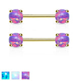 Pair of Opal Prong Front Facing 14KT Gold Plated Barbell Nipple Rings