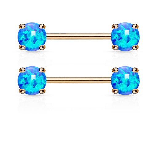 Pair of Opal Front Facing 14KT Rose Gold Plated Barbell Nipple Rings