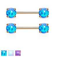 Pair of Opal Front Facing 14KT Rose Gold Plated Barbell Nipple Rings