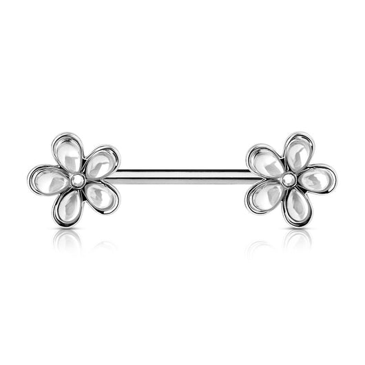 Pair of Crystal Set Flower Surgical Steel Nipple Ring Barbells