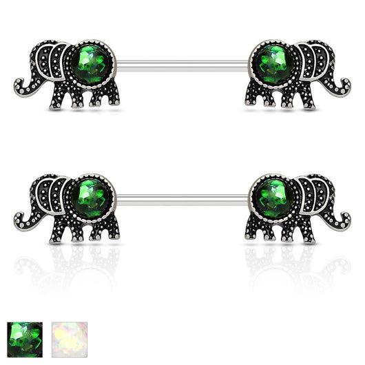 Pair of Elephant with Opal Glitter Barbell Nipple Rings