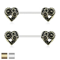 Pair of Heart Steampunk Barbell Nipple Rings