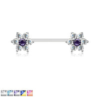 Pair of CZ Flowers Surgical Steel Barbell Nipple Rings