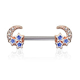 Pair of CZ Paved Crescent Moon Star 316L Surgical Steel Nipple Barbells