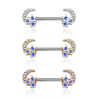 Pair of CZ Paved Crescent Moon Star 316L Surgical Steel Nipple Barbells