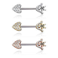 Pair of CZ Paved Heart Arrow 316L Surgical Steel Nipple Barbells