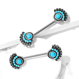 Pair Of Turquoise Stone Tribal Fan Nipple Barbells Rings