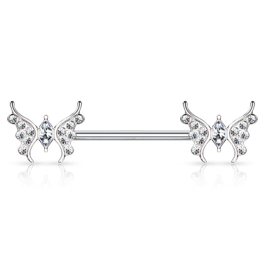 Pair of CZ Paved Butterfly Marquise CZ Center Nipple Barbell Nipple Rings