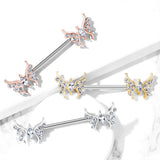 Pair of CZ Paved Butterfly Marquise CZ Center Nipple Barbell Nipple Rings
