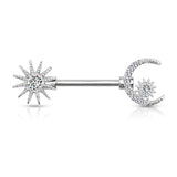 Pair CZ Paved Sun and Crescent Moon And Star Barbell Nipple Rings