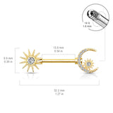 Pair CZ Paved Sun and Crescent Moon And Star Barbell Nipple Rings