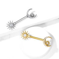 Pair CZ Paved Sun and Crescent Moon And Star Barbell Nipple Rings