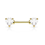 Pair of Prong Set CZ Heart Surgical Steel Barbell Nipple Rings