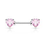 Pair of Prong Set CZ Heart Surgical Steel Barbell Nipple Rings