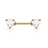 Pair of Prong Set CZ Heart Surgical Steel Barbell Nipple Rings