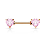 Pair of Prong Set CZ Heart Surgical Steel Barbell Nipple Rings