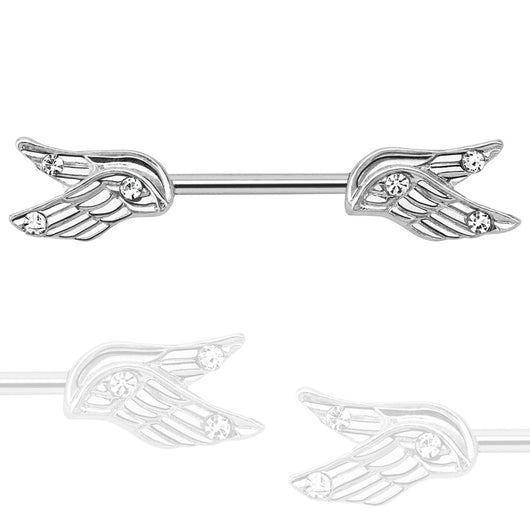 Pair of Split Angel Wings with CZ 316L Surgical Steel Nipple Bar