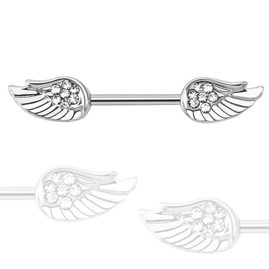 Pair of Angel Wings with Paved CZ 316L Surgical Steel Nipple Bar