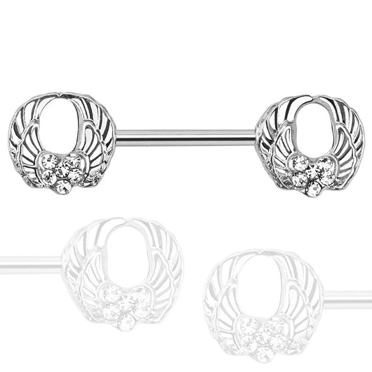 Pair of Angel Wings CZ Surgical Steel Barbell Nipple Rings
