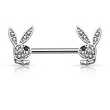 Pair of CZ Playboy Bunny Surgical Steel Nipple Ring Barbell