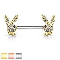 Pair of CZ Playboy Bunny Surgical Steel Nipple Ring Barbell