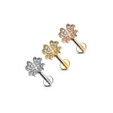 Micro CZ Paved Shamrock Top Internally Threaded Labret Tragus Snug Ear Cartilage Helix Studs