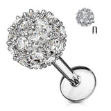 CZ Paved 6 mm Ball Top Internally Threaded Labret Tragus Snug Ear Cartilage Helix Studs