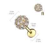 CZ Paved 6 mm Ball Top Internally Threaded Labret Tragus Snug Ear Cartilage Helix Studs