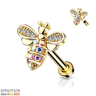 CZ Paved Bee Internally Threaded Labret Tragus Snug Ear Cartilage Helix Studs