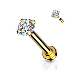 CZ Prong Top Gold Plated Lip Labret Studs For Lip Chin Nose 18G