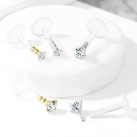 Prong Round CZ Top Push In Flat Back Stud for Lip Labret Tragus
