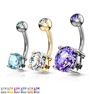 Double Gemmed Solitaire Round CZ Surgical Steel Belly Button Navel Rings