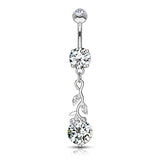 CZ Leafs With Large Round CZ Dangle Navel Belly Button Ring