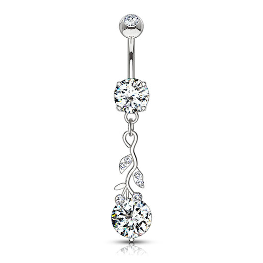 CZ Leafs With Large Round CZ Dangle Navel Belly Button Ring