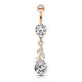 CZ Leafs With Large Round CZ Dangle Navel Belly Button Ring