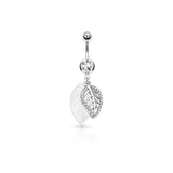 CZ Paved Leaves Dangle Surgical Steel jeweled Belly Button Navel Rings