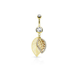 CZ Paved Leaves Dangle Surgical Steel jeweled Belly Button Navel Rings