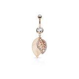 CZ Paved Leaves Dangle Surgical Steel jeweled Belly Button Navel Rings
