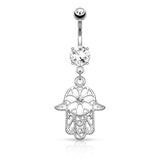 Beaded Hamsa Hand CZ Center Dangle Navel Belly Button Ring
