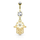 Beaded Hamsa Hand CZ Center Dangle Navel Belly Button Ring