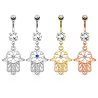 Beaded Hamsa Hand CZ Center Dangle Navel Belly Button Ring