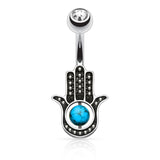 Hamsa Hand with Stone Palm Surgical Steel Belly Button Navel Ring