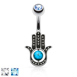 Hamsa Hand with Stone Palm Surgical Steel Belly Button Navel Ring