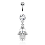 Hamsa With CZ and Gem Dangle Surgical Steel Navel Belly Button Ring