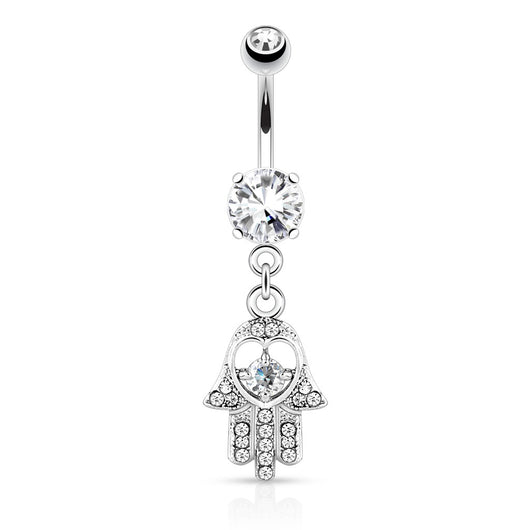 Hamsa With CZ and Gem Dangle Surgical Steel Navel Belly Button Ring