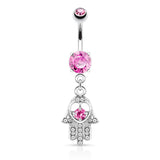 Hamsa With CZ and Gem Dangle Surgical Steel Navel Belly Button Ring
