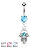 Hamsa With CZ and Gem Dangle Surgical Steel Navel Belly Button Ring