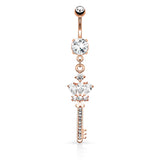 Crown CZ Key W/ Paved Gem Shaft Dangle Navel Belly Button Ring