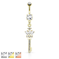 Crown CZ Key W/ Paved Gem Shaft Dangle Navel Belly Button Ring