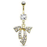 Clear Gem Paved Ribbon Dangle Navel Belly Button Ring